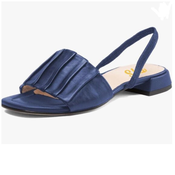 FYS Navy Square Open Toe Slingback Sandals Pleated One Band Low Block Heels Shoe - Picture 1 of 8